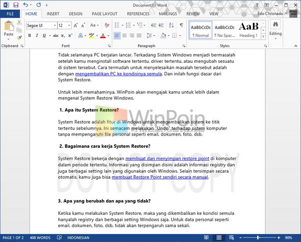 Cara Memberi Watermark Sebuah Dokumen Pada Word 2013