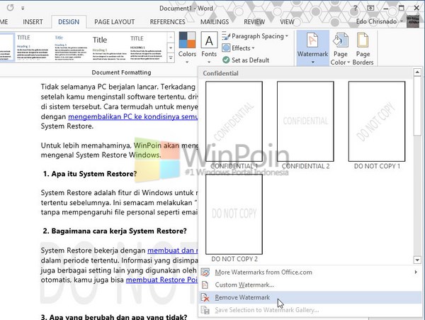 Cara Memberi Watermark Sebuah Dokumen Pada Word 2013