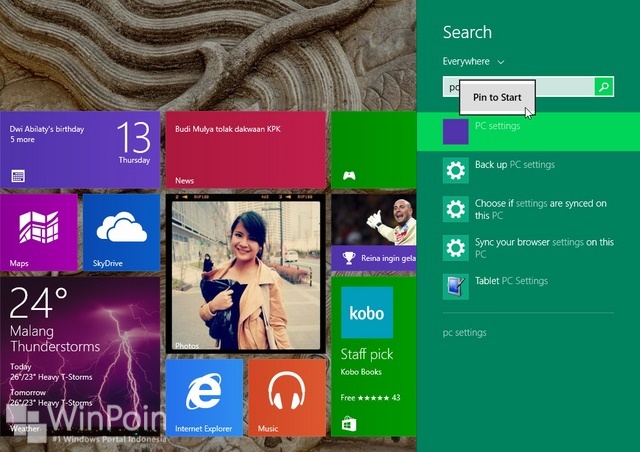 Cara Menambahkan PC Settings di Start Screen Windows 8.1
