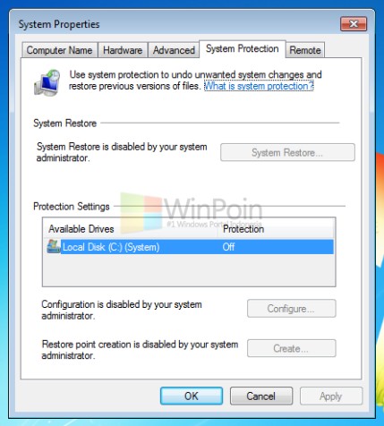 menu konfigurasi System Restore di Windows kamu tidak aktif