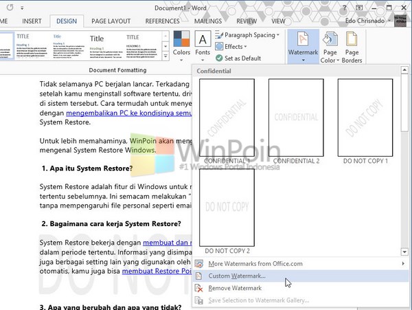 Cara Memberi Watermark Sebuah Dokumen Pada Word 2013