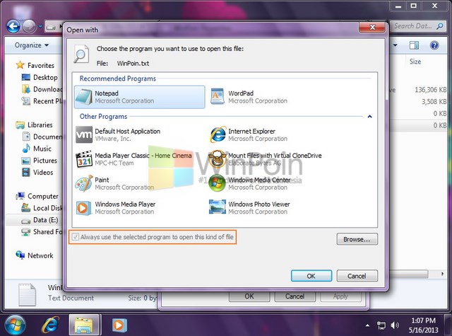 Cara Mengaktifkan dan Mematikan "Always use selected program" Pada Open With di Windows 7