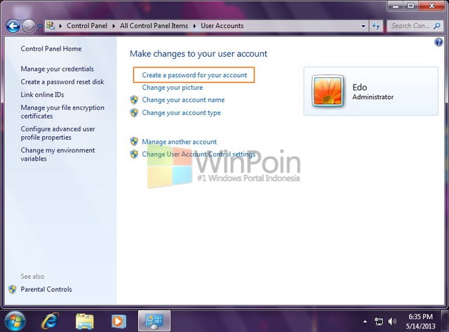 Cara Membuat Password Pada Komputer di Salah Satu Akun Windows 7