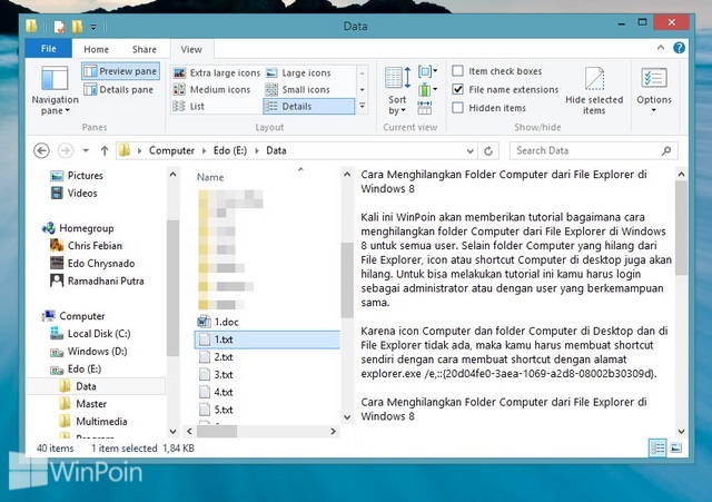 Cara Mengaktifkan atau Mematikan Preview Pane pada File Explorer Windows 8