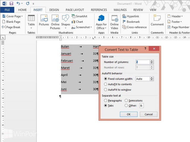 Cara Mengubah Text Menjadi Tabel dan Sebaliknya di Word 2013