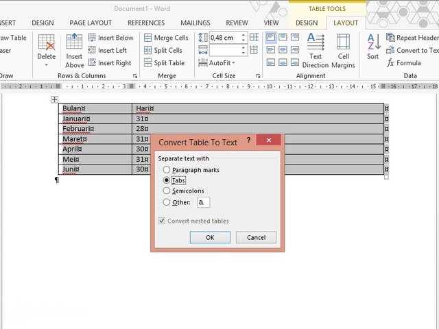 word convert table to text 2013