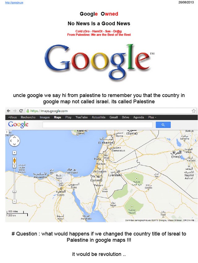 Google Dihack Karena Tidak Menampilkan Peta Palestina di Google Maps