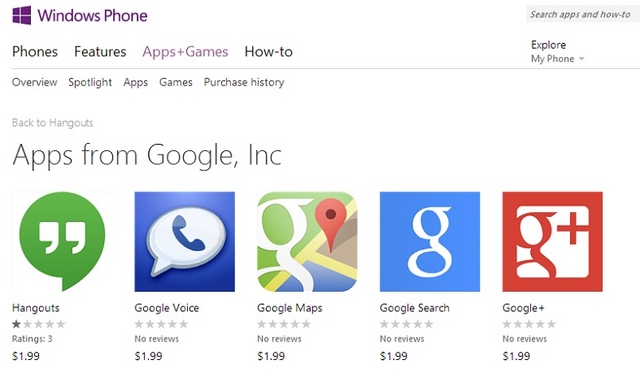 Google Hangouts, Maps, Voice, Search, Gmail, dan Google+ Palsu Muncul di Windows Phone Store