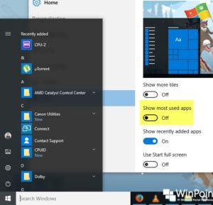 Cara Menyembunyikan 'Most used' dan 'Recently add' Apps di Start Menu Windows 10 (2)