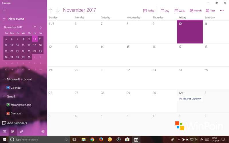 Tampilan Calendar di Windows 10