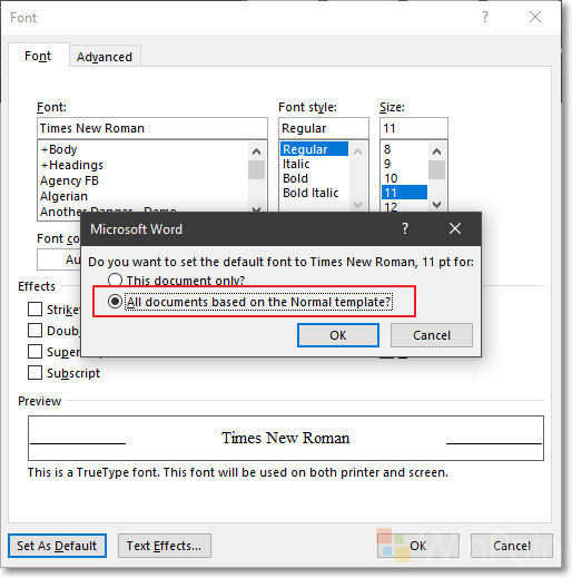 change default font in word 2016 windows