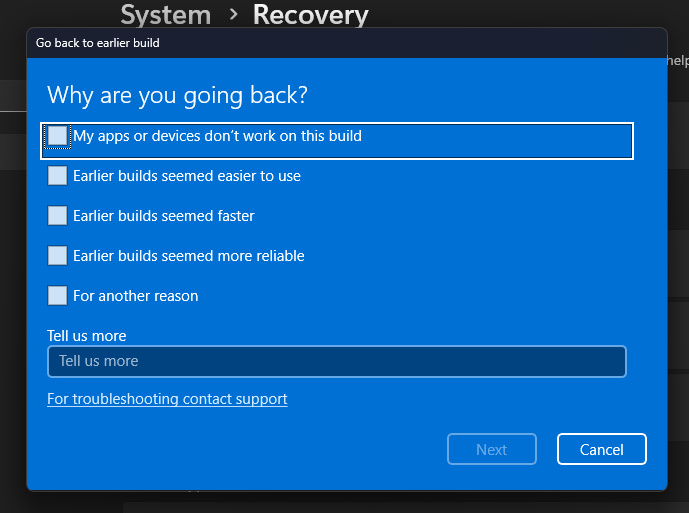 El aspecto del cuadro de diálogo de reversión de Windows en Windows 11 se cambia a uno más moderno